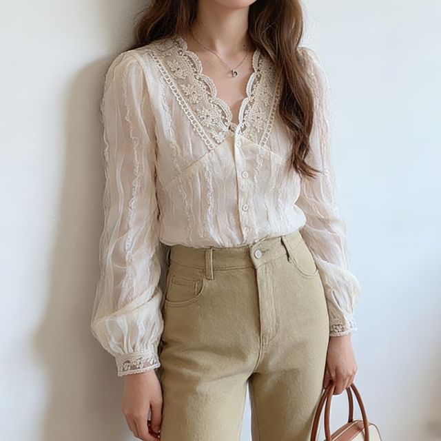 Puff-Sleeve V-Neck Lace Trim Button-Up Blouse