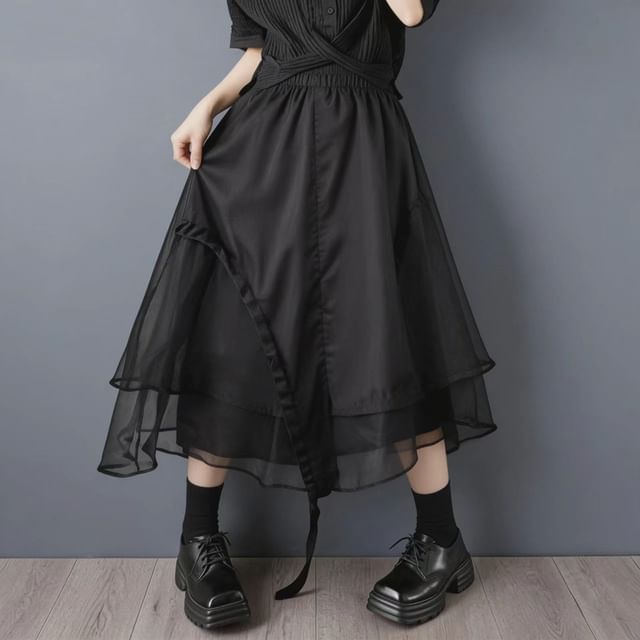 High Waist Plain Drawstring Asymmetrical Midi A-Line Mesh Skirt