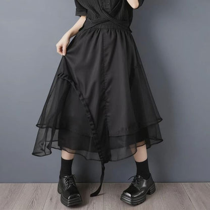 High Waist Plain Drawstring Asymmetrical Midi A-Line Mesh Skirt