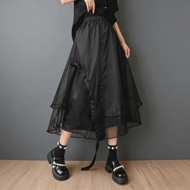 High Waist Plain Drawstring Asymmetrical Midi A-Line Mesh Skirt