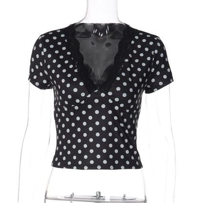 Short Sleeve V-Neck Lace Panel Polka Dot Slim-Fit Crop Top