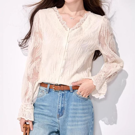 Long-Sleeve V-Neck Plain Lace Trim Blouse