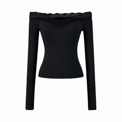 Off-Shoulder Long-Sleeve Plain Lace Trim T-Shirt