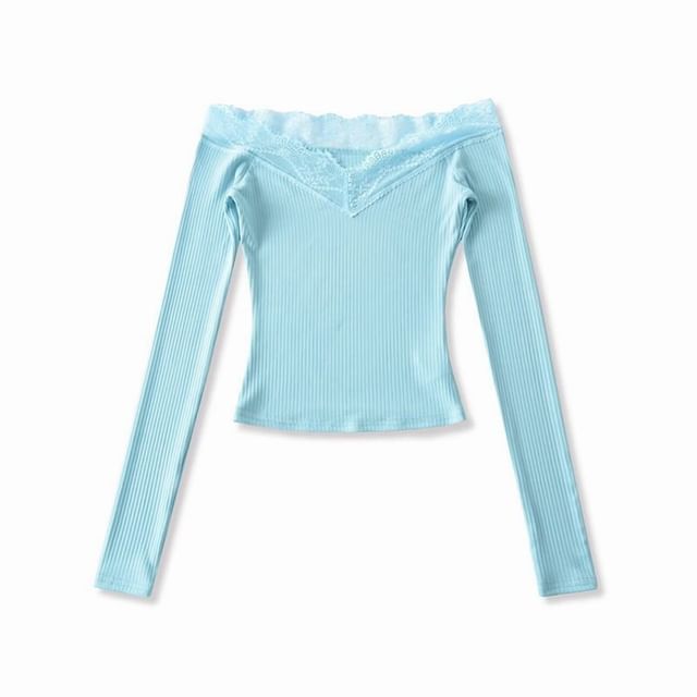 Off-Shoulder Long-Sleeve Plain Lace Trim T-Shirt