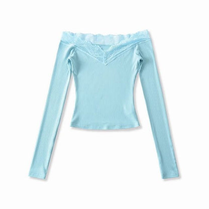 Off-Shoulder Long-Sleeve Plain Lace Trim T-Shirt