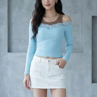 Off-Shoulder Long-Sleeve Plain Lace Trim T-Shirt