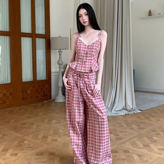 Mock Two-Piece V-Neck Plaid Lace Panel Button-Up Crop Camisole Top / High Waist Wide Leg Pants