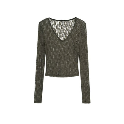 Long-Sleeve V-Neck Lace Crop Top