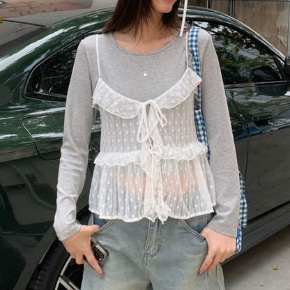 Set: Long Sleeve Round Neck Plain T-Shirt + Plain Ruffle Tie Front Lace Camisole Top