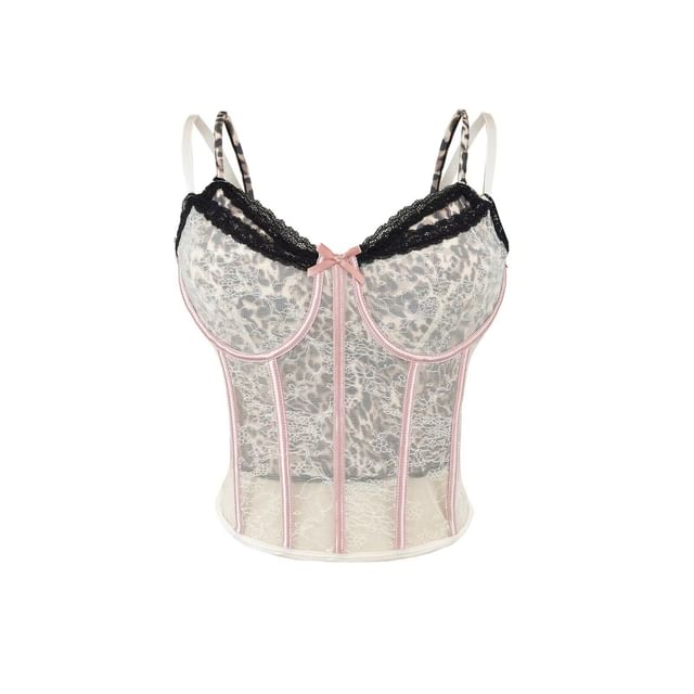 Mock Two-Piece Leopard Print Lace Panel Crop Corset Top