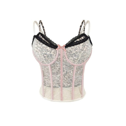 Mock Two-Piece Leopard Print Lace Panel Crop Corset Top