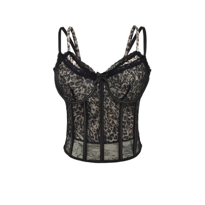 Mock Two-Piece Leopard Print Lace Panel Crop Corset Top