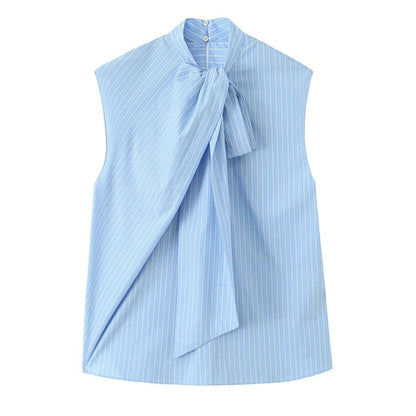 Sleeveless Tie Neck Striped Blouse
