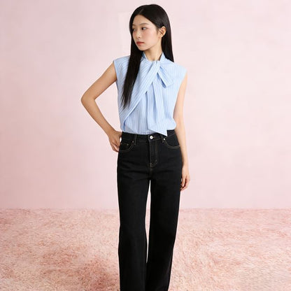 Sleeveless Tie Neck Striped Blouse