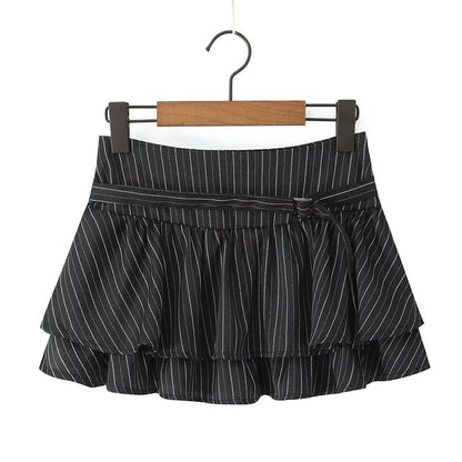Halter V-Neck Striped Top / Mid Rise Buckled Ruffle Mini A-Line Skirt