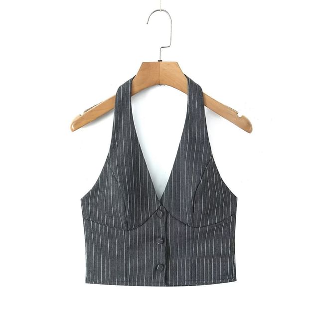 Halter V-Neck Striped Top / Mid Rise Buckled Ruffle Mini A-Line Skirt