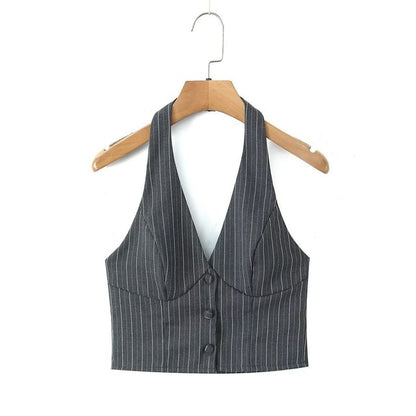 Halter V-Neck Striped Top / Mid Rise Buckled Ruffle Mini A-Line Skirt