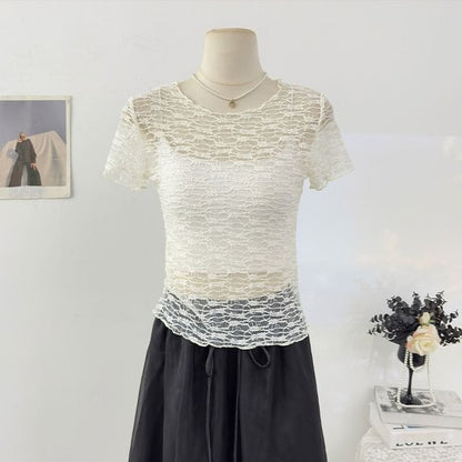 Short Sleeve Round Neck Plain Lace Top