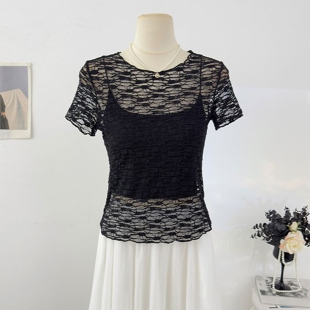 Short Sleeve Round Neck Plain Lace Top