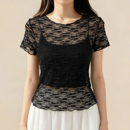Short Sleeve Round Neck Plain Lace Top