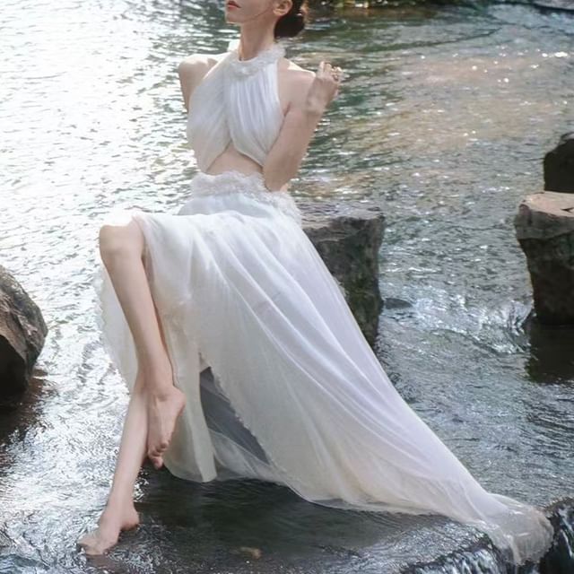Set: Sleeveless Plain Crop Top + Mid Waist Maxi Skirt