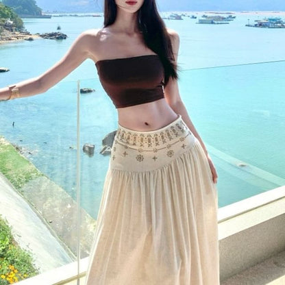 Sleeveless Turtleneck Plain Crop Top / Bandeau Top / Mid Waist Maxi A-Line Skirt