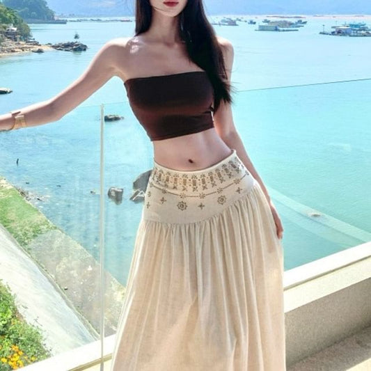 Sleeveless Turtleneck Plain Crop Top / Bandeau Top / Mid Waist Maxi A-Line Skirt