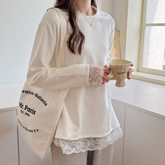 Long-Sleeve Crew Neck Plain Lace Trim T-Shirt