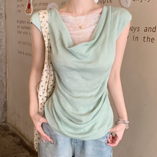 Sleeveless Cowl Neck Mock Two Piece Ruched Lace Panel Knit Top