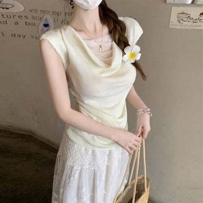 Sleeveless Cowl Neck Mock Two Piece Ruched Lace Panel Knit Top