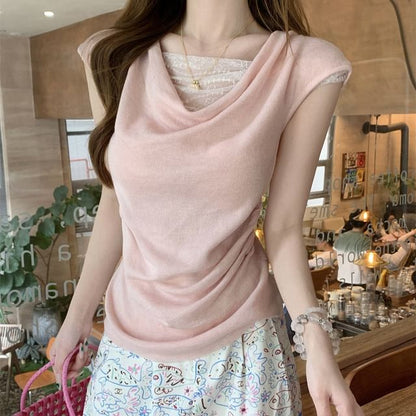 Sleeveless Cowl Neck Mock Two Piece Ruched Lace Panel Knit Top