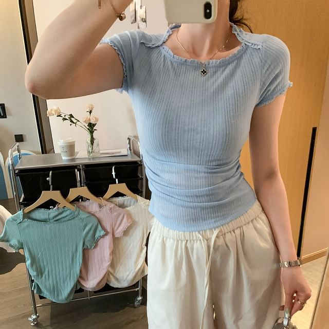 Short Sleeve Boat Neck Plain Lace Trim Ruched Top