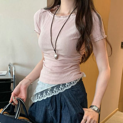 Short Sleeve Boat Neck Plain Lace Trim Ruched Top