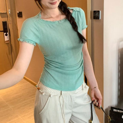 Short Sleeve Boat Neck Plain Lace Trim Ruched Top