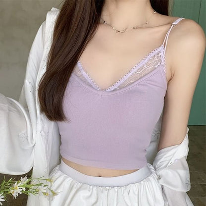 V-Neck Plain Mock Two Piece Panel Lace Crop Camisole Top