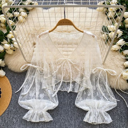 Puff-Sleeve V-Neck Lace Crop Top