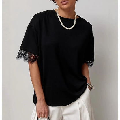 Short Sleeve Crew Neck Plain Lace Panel Loose-Fit T-Shirt