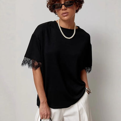 Short Sleeve Crew Neck Plain Lace Panel Loose-Fit T-Shirt