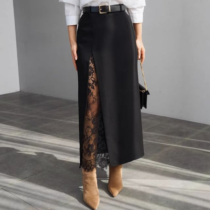 High Waist Lace Panel Maxi A-Line Skirt