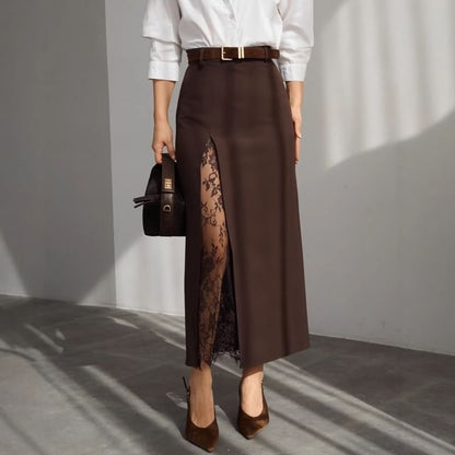 High Waist Lace Panel Maxi A-Line Skirt