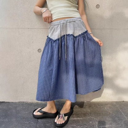 High Waist Color Block Checked Panel Midi A-Line Skirt