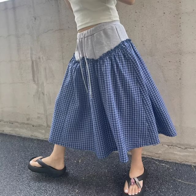 High Waist Color Block Checked Panel Midi A-Line Skirt