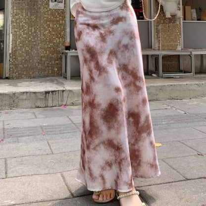 High Waist Tie-Dyed Midi A-Line Skirt