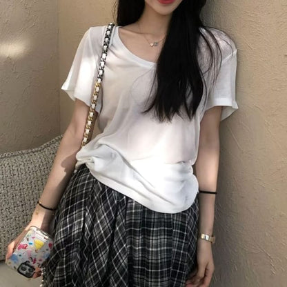 Short-Sleeve Crew Neck Plain T-Shirt / High Waist Plaid Asymmetrical Mini A-Line Skirt