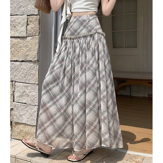 High Waist Plaid Gathered Panel Maxi A-Line Skirt