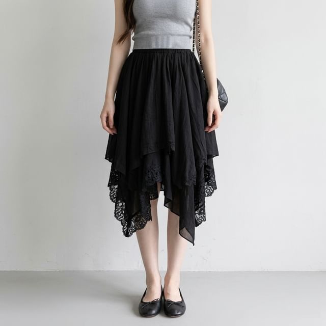 Elastic Waist Plain Asymmetrical Panel Lace Midi A-Line Skirt