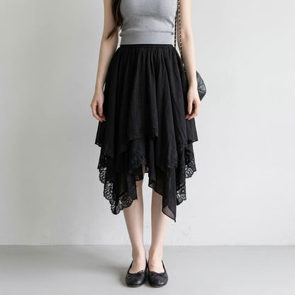 Elastic Waist Plain Asymmetrical Panel Lace Midi A-Line Skirt