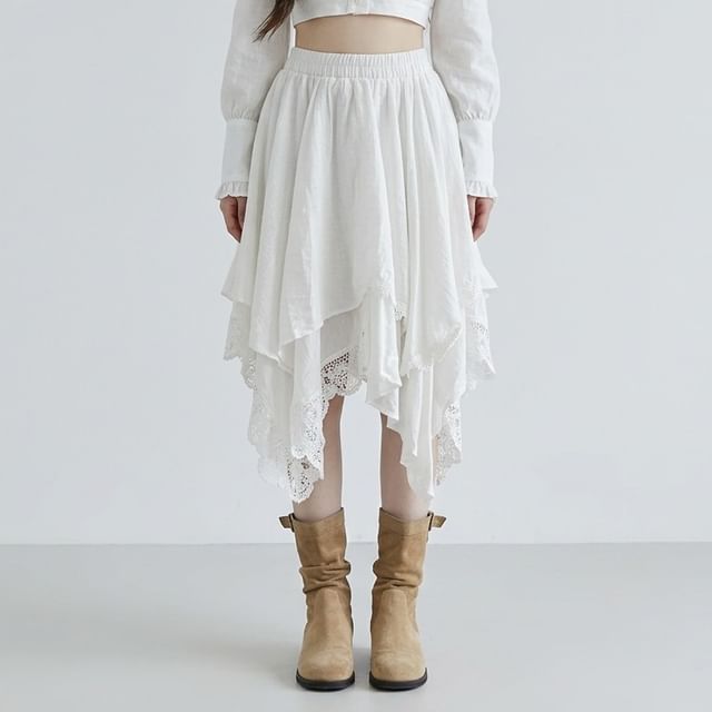Elastic Waist Plain Asymmetrical Panel Lace Midi A-Line Skirt