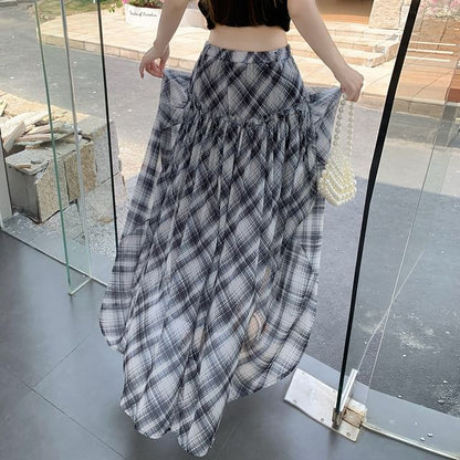 High Waist Plaid Gathered Panel Maxi A-Line Skirt