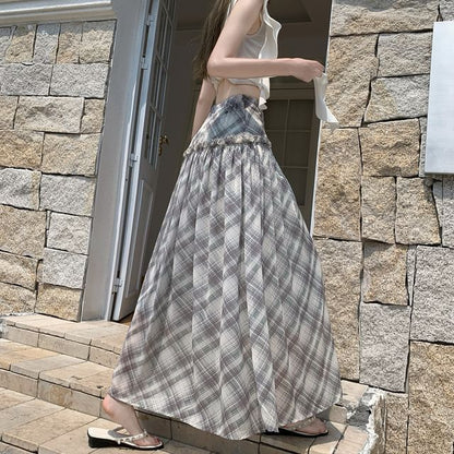 High Waist Plaid Gathered Panel Maxi A-Line Skirt